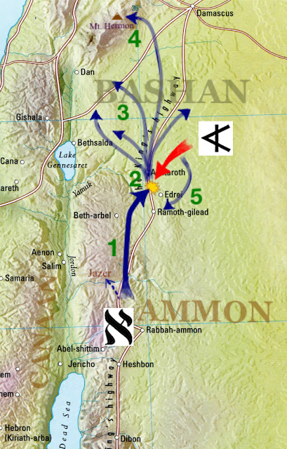 After defeating the Amorites at Jahaz the army sent spies to Jazer and invaded Bashan. They defeated King Og from Bashan at Edrei.