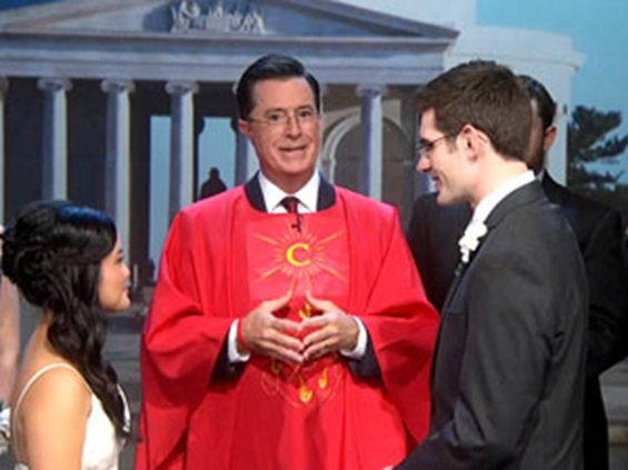 An ordained minister of the Unification Life Church, Stephen Colbert marries a mixed-race couple on his own television show.