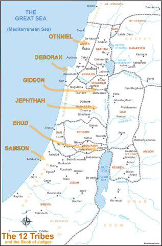 Map showing the region where the judges that God raised up delivered the Israelites.