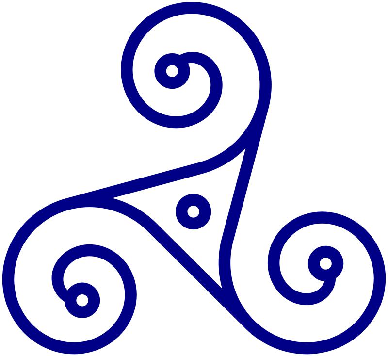 A triskelion or triskele is a motif consisting of a triple spiral exhibiting rotational symmetry. The spiral design can be based on interlocking Archimedean spirals, or represent three bent legs. 