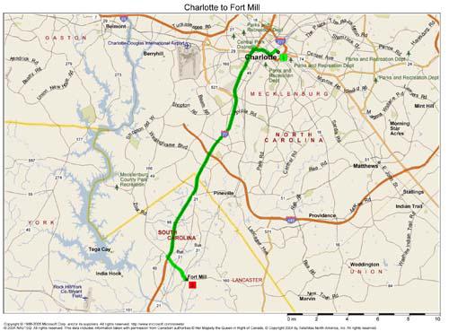 Map showing route between Charlotte, NC to Fort Mill, SC.