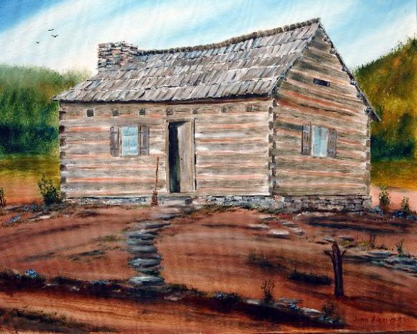 This original oil painting of Abraham Enloe's cabin by John Ackroyd is currently on display at the museum.