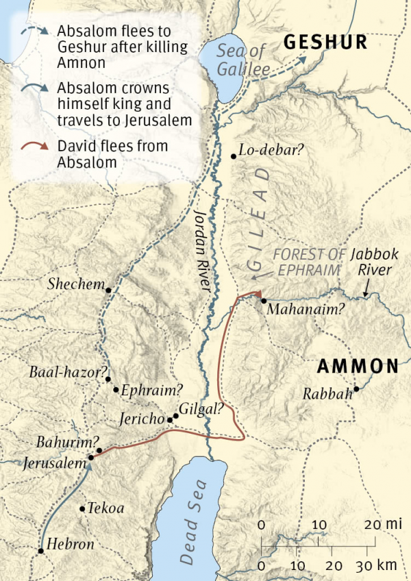 Map of David and Absalom's travels in 2 Samuel 13:34-39