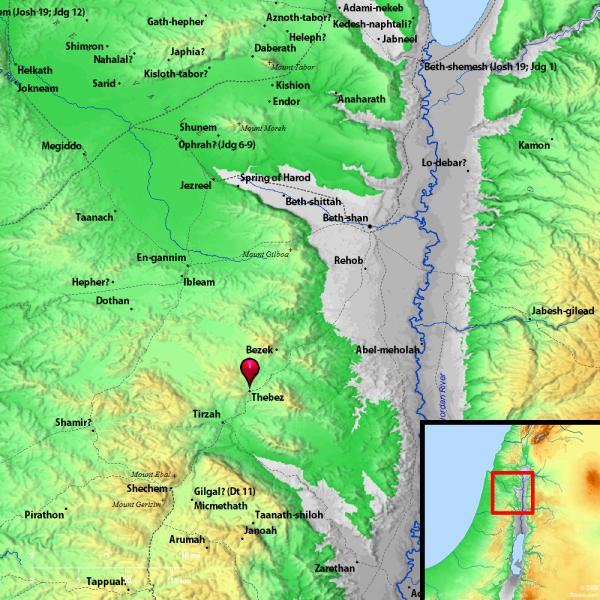 Map showing the location of the ancient city Thebez.