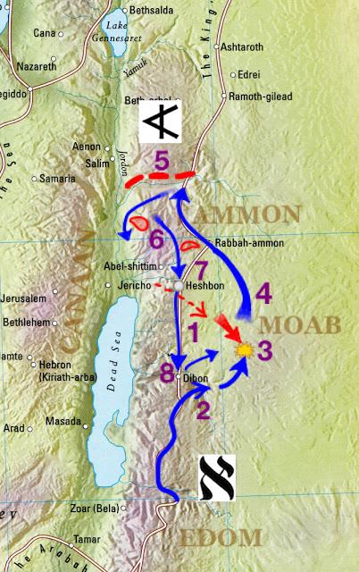 Sihon gathered all his army into the wilderness to attack Israel. The Israelites cross the Arnon River Gorge into Amorite territory. The two forces met at Jahaz. Sihon lost the battle and was killed.
