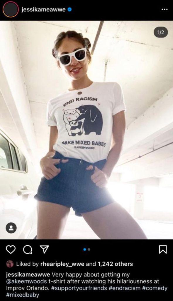 A girl wearing a t-shirt:  End racism, make mixed babes".  As if those two bears could produce a panda bear