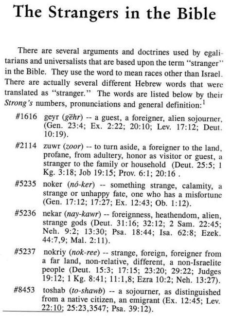 There are several different Hebrew words that were translated as "stranger" in the Bible.  Here are the words by their Strong's Concordance numbers, pronunciations and general definitions.  Credit: Charles Weisman