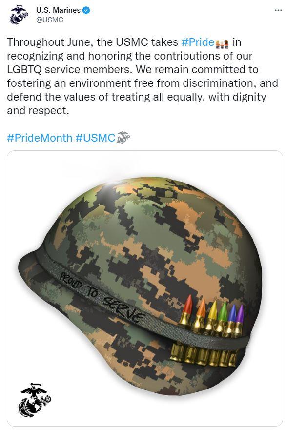 “Throughout June, the USMC takes Pride in recognizing and honoring the contributions of LGBTQ service members. The USMC remains committed to fostering an environment free from discrimination, and defend the values of treating all equally with dignity and respect.”